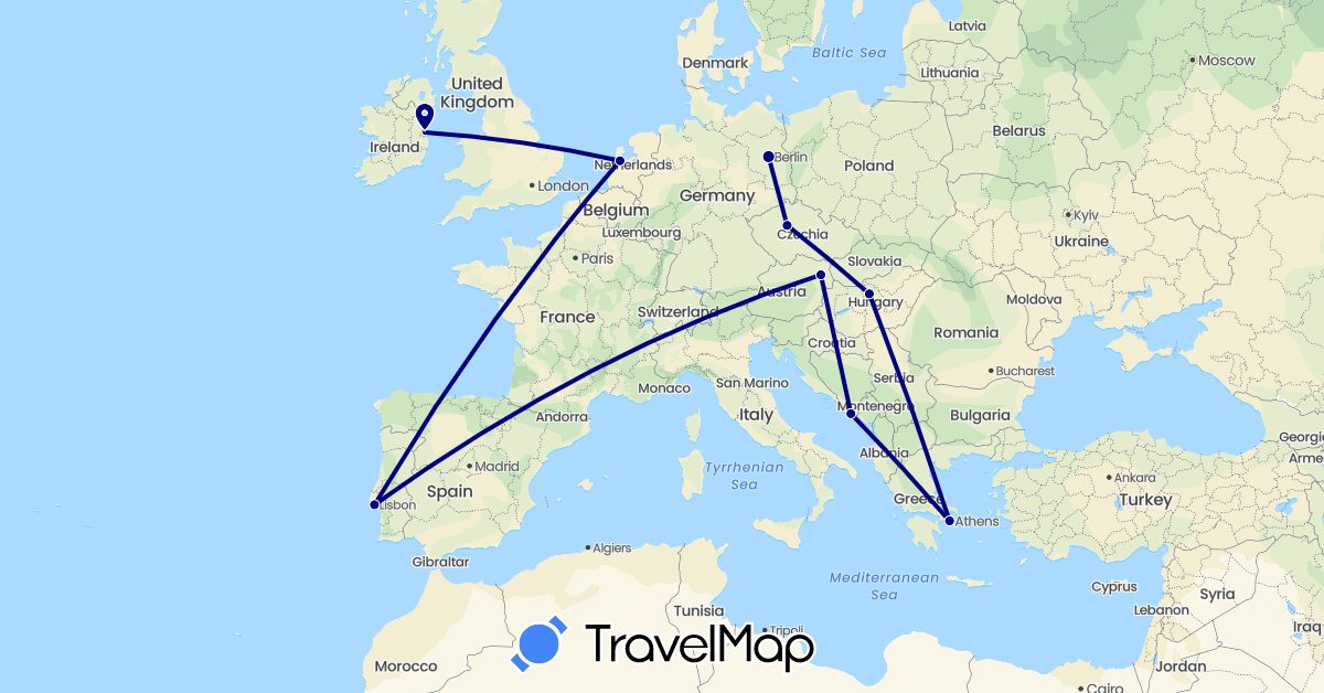 TravelMap itinerary: driving in Austria, Czech Republic, Germany, Greece, Croatia, Hungary, Ireland, Netherlands, Portugal (Europe)